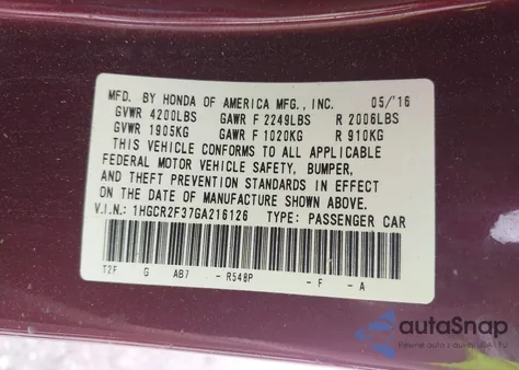 2016 Honda Accord Lx from USA, damaged, VIN 1HGCR2F37GA216126